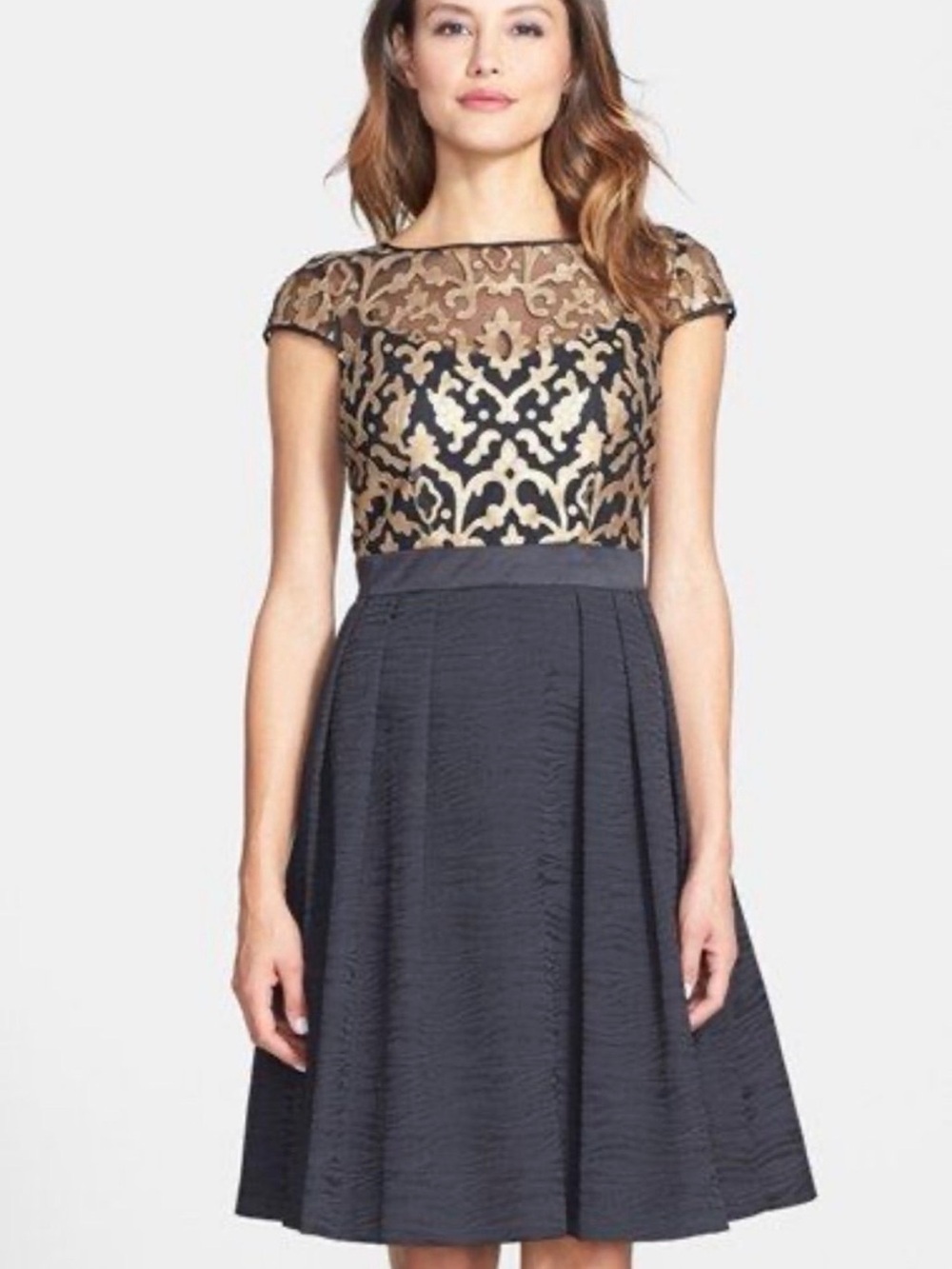 Adrianna Papell Black Dress with Gold Lace Overlay size 16 - Picture 1 of 7